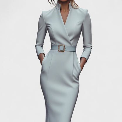 Mandarin™ | Robe Noire Élégante avec Ceinture et Col Mandarin