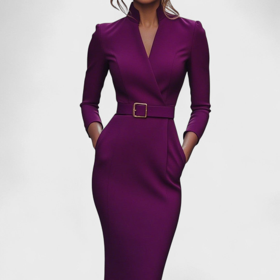 Mandarin™ | Robe Noire Élégante avec Ceinture et Col Mandarin