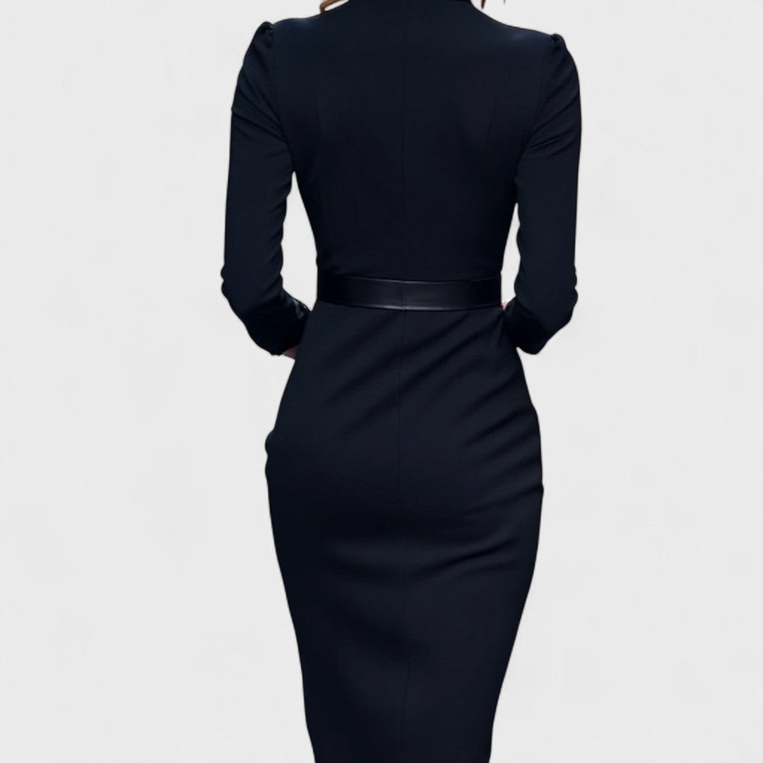 Mandarin™ | Robe Noire Élégante avec Ceinture et Col Mandarin