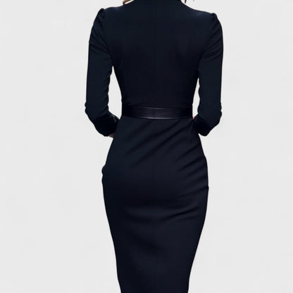 Mandarin™ | Robe Noire Élégante avec Ceinture et Col Mandarin