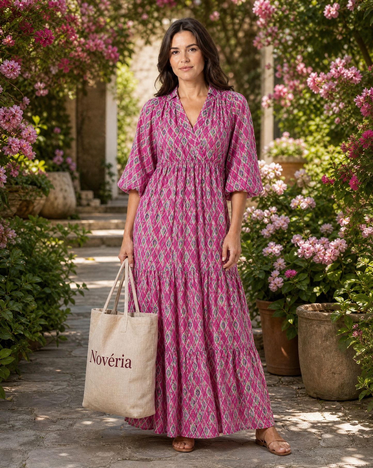 Jaqueline | Robe midi à manches trois-quarts et col en V, imprimée