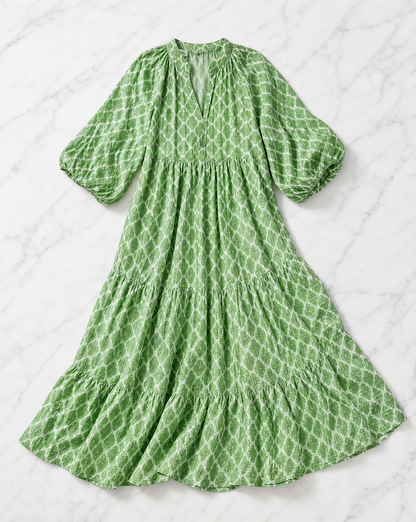 Jaqueline | Robe midi à manches trois-quarts et col en V, imprimée