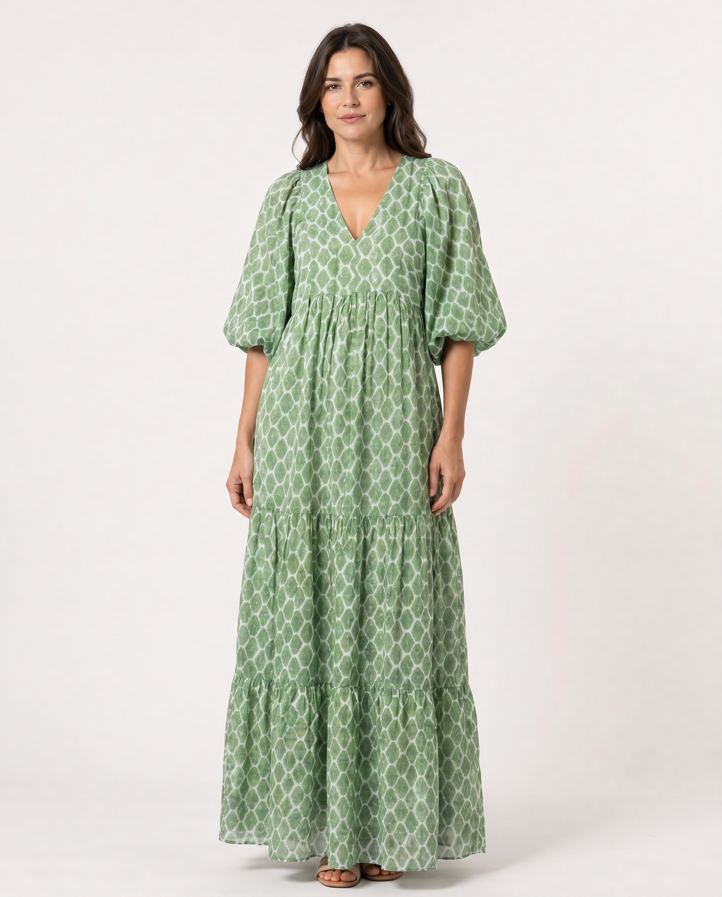 Jaqueline | Robe midi à manches trois-quarts et col en V, imprimée