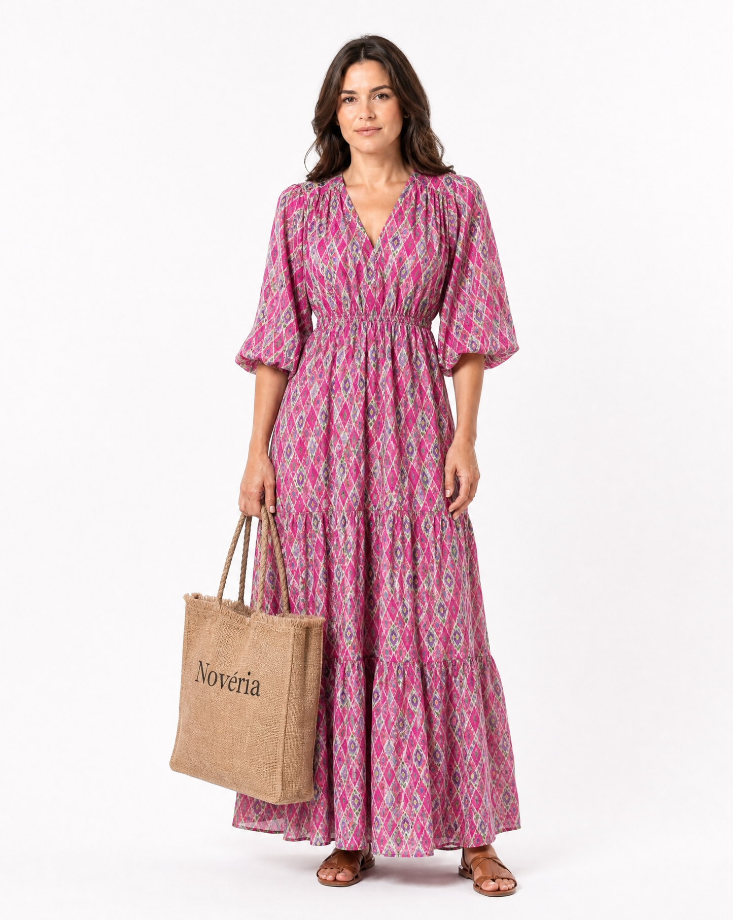 Jaqueline | Robe midi à manches trois-quarts et col en V, imprimée