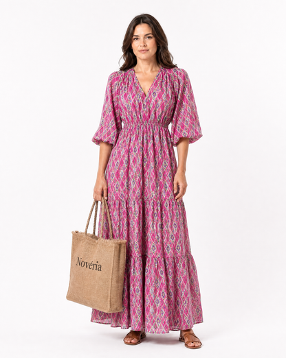 Jaqueline | Robe midi à manches trois-quarts et col en V, imprimée