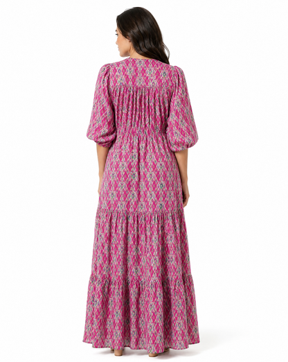Jaqueline | Robe midi à manches trois-quarts et col en V, imprimée