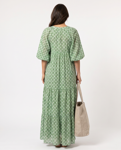 Jaqueline | Robe midi à manches trois-quarts et col en V, imprimée