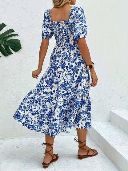 Robe longue et élégante à imprimé floral et col – Robe longue à imprimé floral