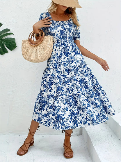 Robe longue et élégante à imprimé floral et col – Robe longue à imprimé floral