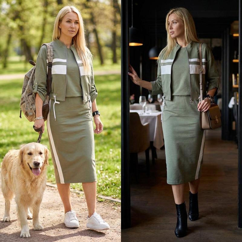 Ensemble composé d'un blouson aviateur et d'une jupe moulante pour femmes