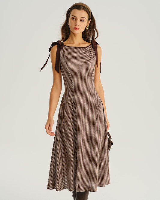 Marion™ | Robe Trapèze Chic à Carreaux et Col Bateau